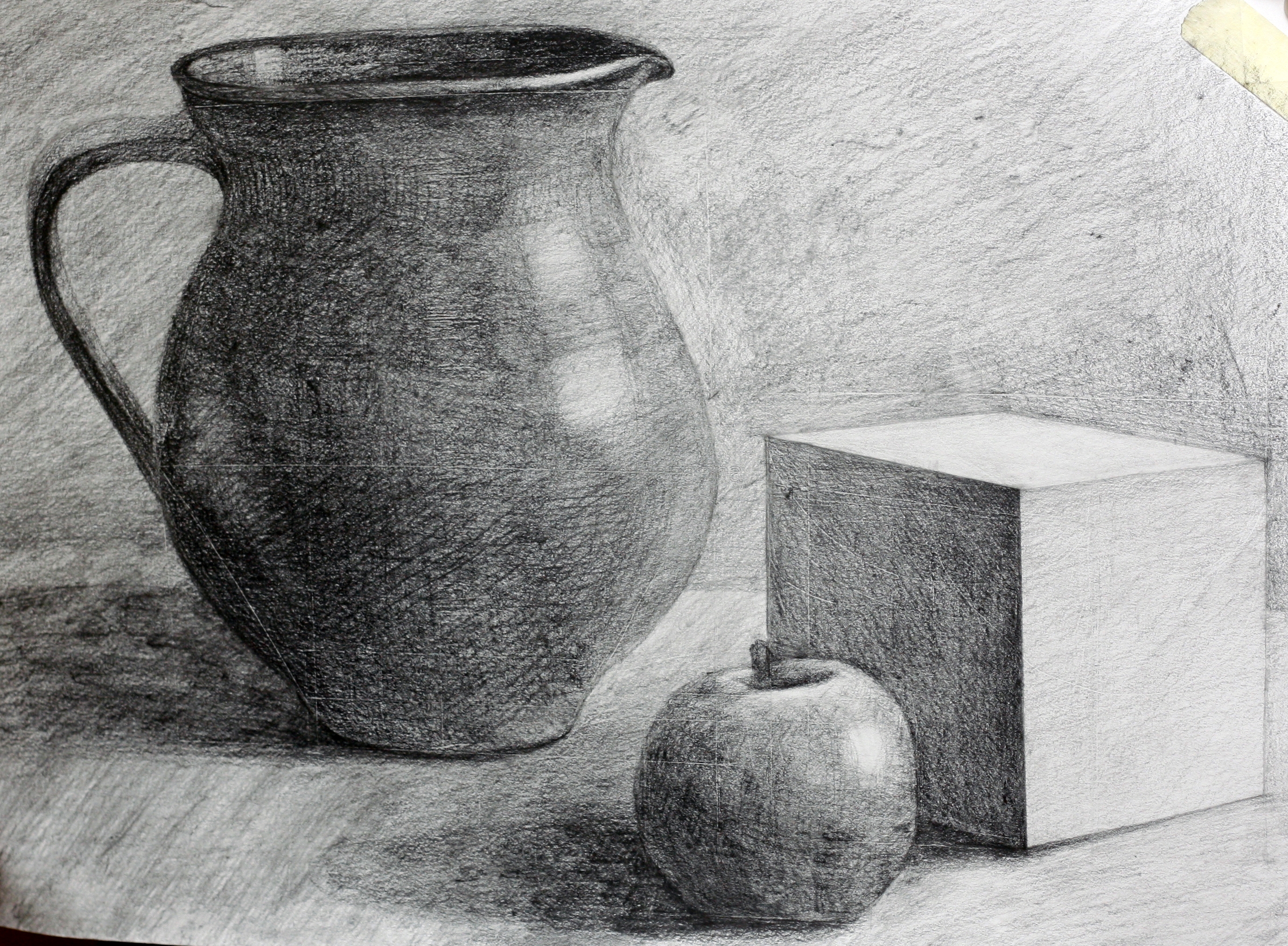 melon Frightening dump Grup Meditatii, Desen creion – Natura statica cu ulcior, cub si mar, Iulia  - Pictor Marina Capaţîna