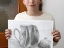 Grup 10 14 ani Desen Creion Natura Statica cu ulciordraperie si rodie Mara 130x98 Atelier de pictura si desen, 10 14 ani